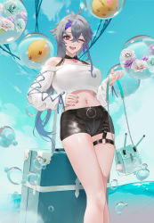 Rule 34 | 1girl, ;d, ahoge, asymmetrical hair, azur lane, bag, bare shoulders, belt, black shorts, blue sky, breasts, bubble, cirilla lin, cleavage, cloud, colored inner hair, cowboy shot, cropped sweater, crossed bangs, day, fang, flower, foch (azur lane), foch (rainbow rendezvous) (azur lane), grey hair, hair between eyes, hand on own hip, handbell, high-waist shorts, highres, holding, holding bag, knife sheath, knife sheath, large breasts, latex shorts, long hair, long sleeves, looking at viewer, manjuu (azur lane), midriff, multicolored hair, nail polish, navel, o-ring, o-ring belt, off-shoulder sweater, off shoulder, official alternate costume, one eye closed, open mouth, purple hair, red eyes, red nails, ribbon-trimmed sleeves, ribbon trim, rose, sheath, shorts, sidelocks, skindentation, sky, smile, solo focus, standing, suitcase, sweater, turret, white sweater