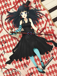 Rule 34 | 00s, 1girl, aki (mare desiderii), akiyama mio, bare shoulders, black hair, blue eyes, blue pantyhose, cane, don&#039;t say &quot;lazy&quot;, hair ornament, hairclip, hat, high heels, k-on!, long hair, lying, mini hat, mini top hat, musical note, on back, pantyhose, shoes, solo, top hat