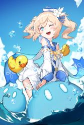 Rule 34 | 1girl, ;d, absurdres, air bubble, barbara (genshin impact), barbara (summertime sparkle) (genshin impact), blonde hair, blue eyes, blue sailor collar, blue sky, bow, bowtie, bubble, cloud, detached sleeves, dot nose, dress, flower, genshin impact, hat, hat flower, highres, inflatable toy, long sleeves, looking at viewer, mocha kura, ocean, one eye closed, open mouth, partially submerged, rubber duck, sailor collar, sailor hat, short hair, short twintails, sky, slime (genshin impact), smile, solo, standing, teeth, twintails, upper teeth only, water, white dress, white flower, white sleeves, yellow bow, yellow bowtie
