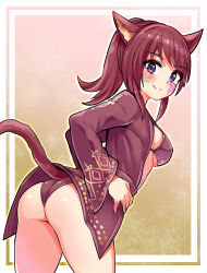 Rule 34 | 1girl, animal ears, ass, bikini, bikini under clothes, breasts, brown bikini, brown hair, brown shirt, cat ears, cat girl, cat tail, commission, cougar (cougar1404), facial mark, final fantasy, final fantasy xiv, from behind, hands on own hips, highres, leaning forward, long hair, looking back, medium breasts, miqo&#039;te, no pants, open clothes, open shirt, ponytail, purple eyes, shirt, sideboob, skeb commission, smile, solo, swimsuit, tail, thighs, wedgie