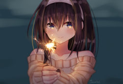 Rule 34 | 10s, 1girl, artist name, bad id, bad pixiv id, black hair, blue background, blue eyes, blurry, blush, closed mouth, collarbone, fingernails, fireworks, foreshortening, goyain, hairband, highres, idolmaster, idolmaster cinderella girls, idolmaster cinderella girls starlight stage, long hair, looking at viewer, off-shoulder, off-shoulder sweater, off shoulder, own hands together, sagisawa fumika, sleeves past wrists, smile, solo, sparkler, sweater, yellow sweater