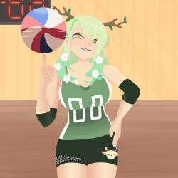 Rule 34 | 1girl, antlers, ball, bare shoulders, blush, braid, branch, breasts, ceres fauna, cleavage, cowboy shot, elbow pads, flower, flower on head, green hair, gym, hair over one eye, hand on own hip, highres, hololive, hololive english, horns, jersey, large breasts, leaf, long hair, medium hair, mole, mole under eye, motion lines, seductive smile, short shorts, shorts, simple background, smile, smug, souls4u, sportswear, virtual youtuber, volleyball, volleyball (object), volleyball uniform, wide hips, yellow eyes