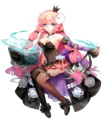 Rule 34 | 1girl, black bow, black choker, black footwear, black thighhighs, book, bow, breasts, choker, cleavage, collarbone, crown, detached sleeves, gem, high heels, holding, holding book, horns, large breasts, long hair, magic, making-of available, pink hair, sheep (trickster), sleeves past wrists, solo, thighhighs, trickster (ntreev soft), white background, ye yun