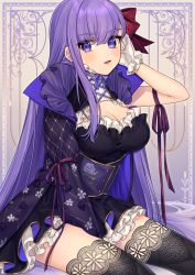 Rule 34 | 1girl, bb (fate), bb (fate/extra), black dress, black thighhighs, blush, bow, breasts, cleavage, commentary request, dress, fate/extra, fate/extra ccc, fate (series), floral print, frilled dress, frills, gloves, hair between eyes, hair bow, hand up, karokuchitose, long hair, long sleeves, looking at viewer, medium breasts, parted lips, purple eyes, purple hair, red bow, red ribbon, ribbon, single sleeve, sitting, solo, thighhighs, very long hair, white gloves