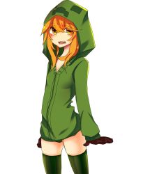 Rule 34 | 1girl, at2., black thighhighs, blush, breasts, creeparka, creeper, cupa (at2.), female focus, gloves, hood, hoodie, long hair, looking at viewer, minecraft, mob talker, open mouth, orange hair, small breasts, solo, standing, straight hair, tagme, thighhighs, transparent background, wavy mouth, yellow eyes
