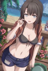 Rule 34 | 1girl, :d, bad id, bad twitter id, bang dream!, beach, bikini, bikini top only, black bikini, black hair, blue eyes, blue shorts, blue sky, blurry, blurry background, breasts, broom, brown jacket, bucket, cleavage, cloud, cloudy sky, collarbone, commentary request, cowboy shot, day, depth of field, dutch angle, fence, flower, front-tie bikini top, front-tie top, groin, hair ornament, hairclip, halterneck, hand up, highres, holding, holding broom, hood, hood down, hooded jacket, jacket, long hair, looking at viewer, medium breasts, morning glory, name tag, narafume, navel, ocean, okusawa misaki, open clothes, open jacket, open mouth, outdoors, palm tree, pink flower, short shorts, short sleeves, shorts, sky, smile, solo, standing, stomach, swimsuit, tree, water