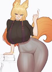 Rule 34 | 1girl, animal ears, arm support, beckoning, black sweater, blonde hair, blunt bangs, blush, book, book stack, bracelet, breasts, commission, curvy, fox ears, fox girl, fox tail, grey pants, high-waist pants, highres, huge breasts, index finger raised, jewelry, large breasts, long hair, looking at viewer, original, pants, parted lips, picote, red eyes, ribbed sweater, short sleeves, smile, solo, suspenders, sweater, tail, thick thighs, thighs, wide hips