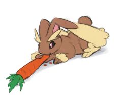 Rule 34 | animal focus, animalization, black sclera, brown fur, carrot, colored sclera, commentary, creatures (company), eating, english commentary, game freak, gen 4 pokemon, highres, llyanatherasll, lopunny, nintendo, no humans, pink eyes, pokemon, pokemon (creature), rabbit, simple background, white background