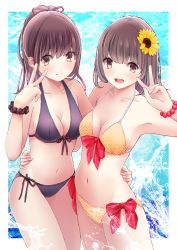 Rule 34 | 2girls, :d, bad id, bad pixiv id, bikini, bracelet, breasts, brown hair, chikuwa (glossymmmk), chikuwa (odennabe), cleavage, flower, front-tie top, hair flower, hair ornament, halterneck, highres, jewelry, long hair, looking at viewer, medium breasts, multiple girls, navel, open mouth, original, ponytail, revision, scrunchie, short hair, side-tie bikini bottom, skindentation, smile, summer, swimsuit, v, wrist scrunchie