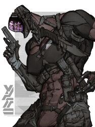 Rule 34 | 1boy, bodysuit, commentary request, cowboy shot, english text, faceless, gun, hair ornament, handgun, highres, holding, holding gun, holding weapon, juerucj, knife, knife sheath, load bearing vest, mask, mechanical parts, military, muscular, muscular male, original, pouch, robot, science fiction, sheath, solo, trigger discipline, weapon