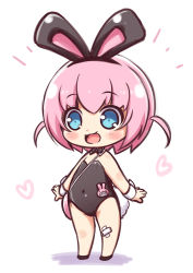 Rule 34 | 1girl, :d, animal ears, bare shoulders, black bow, black bowtie, black footwear, black leotard, blue eyes, blush, bow, bowtie, chibi, commentary request, covered navel, crossed bandaids, fake animal ears, full body, hair between eyes, heart, kuwada yuuki, leotard, name tag, open mouth, original, pink hair, playboy bunny, rabbit ears, rabbit girl, rabbit tail, smile, solo, standing, strapless, strapless leotard, tail, white background, wrist cuffs