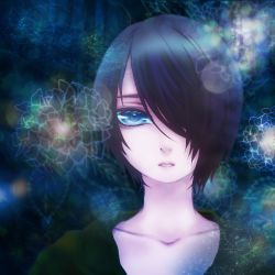 Rule 34 | 1girl, blue eyes, expressionless, flower, hair over one eye, looking at viewer, lowres, milky way (mirukii), parted lips, short hair, solo, upper body, yomika, yume graffiti