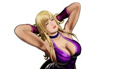 Rule 34 | 1girl, arm tattoo, armpits, arms behind head, blonde hair, breasts, cleavage, closed eyes, dress, fatal fury, garou: mark of the wolves, highres, jenet behrn, large breasts, long hair, makeup, no bra, parted lips, red lips, seductive smile, sideboob, smile, snk, tattoo, the king of fighters