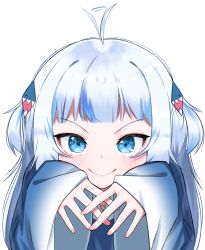 Rule 34 | &gt;:), 1girl, afterimage, ahoge, ahoge wag, blue eyes, blue hair, blue hoodie, blush, closed mouth, commentary, expressive hair, gawr gura, hair ornament, hands up, highres, hololive, hololive english, hood, hoodie, long sleeves, looking at viewer, multicolored hair, own hands together, silver hair, simple background, sleeves past wrists, smile, solo, streaked hair, tosyeo, two side up, upper body, v-shaped eyebrows, virtual youtuber, white background, wide sleeves