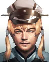 Rule 34 | 10s, 1boy, anchor hair ornament, beard, blew andwhite, blonde hair, closed mouth, collar, cosplay, expressionless, facial hair, gradient background, green eyes, grey background, grey hat, hair ornament, hat, highres, kantai collection, leonardo dicaprio, lips, looking at viewer, male focus, peaked cap, prinz eugen (kancolle), prinz eugen (kancolle) (cosplay), real life, short hair, simple background, twintails, uniform, upper body, what