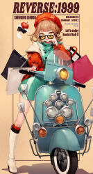 Rule 34 | 1girl, :d, absurdres, adjusting eyewear, apple, apple (reverse:1999), aqua dress, aqua neckerchief, backpack, bag, bare shoulders, beret, black bow, black bowtie, boots, bow, bowtie, brown hair, copyright name, dress, english text, food, fruit, full body, hand up, hat, highres, holding, holding bag, ink., jacket, knee boots, long sleeves, looking at viewer, motor vehicle, neckerchief, off shoulder, on scooter, open clothes, open jacket, open mouth, orange eyes, red hat, red jacket, red socks, regulus (reverse:1999), reverse:1999, scooter, shopping bag, short hair, sleeveless, sleeveless dress, smile, socks, solo, standing, sunglasses, teeth, tinted eyewear, traditional bowtie, upper teeth only, white footwear, yellow-tinted eyewear, yellow background