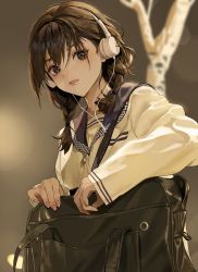 Rule 34 | 1girl, absurdres, bag, bare tree, blurry, blurry background, braid, brown background, brown eyes, brown hair, brown theme, buttons, colv, commentary, english commentary, eyelashes, fingernails, hair over eyes, hair over shoulder, headphones, highres, long hair, long sleeves, looking at viewer, original, parted lips, photo-referenced, school bag, school uniform, serafuku, sleeves past wrists, solo, tree, twin braids, twintails, upper body