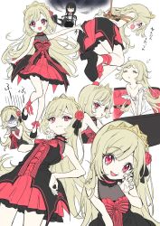 Rule 34 | 2girls, angry, atre, bare shoulders, black hair, blonde hair, blush, bound, claw pose, closed mouth, dress, ecute, fang, flower, frilled dress, frills, gothic lolita, hair flower, hair ornament, hand on own hip, highres, jashin-chan dropkick, lolita fashion, long hair, looking at viewer, multiple girls, multiple views, nightgown, official art, open mouth, red eyes, scared, simple background, smile, smug, tied up (nonsexual), whip, white background, yukiwo
