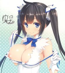 Rule 34 | 1girl, absurdres, areola slip, arm ribbon, backless dress, backless outfit, bare shoulders, black hair, blue bow, blue bowtie, blue eyes, blue ribbon, bow, bowtie, breasts, cleavage, cleavage cutout, closed mouth, clothing cutout, dress, dungeon ni deai wo motomeru no wa machigatteiru darou ka, gloves, gradient background, hair ornament, hair ribbon, hands up, hestia (danmachi), highres, holding, holding ribbon, large breasts, long hair, looking at viewer, nipples, polka dot, polka dot background, rei no himo, ribbon, shiny skin, short dress, signature, skindentation, sleeveless, sleeveless dress, smile, solo, standing, twintails, upper body, very long hair, white dress, white gloves, yuuki hagure