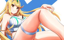 Rule 34 | 1girl, bare shoulders, blonde hair, breasts, cleavage, closed mouth, fingernails, long hair, looking at viewer, mythra (radiant beach) (xenoblade), mythra (xenoblade), shirt, shorts, sleeveless, sleeveless shirt, solo, swimsuit, tiara, white background, white shirt, white shorts, xenoblade chronicles (series), xenoblade chronicles 2, yamushinhan, yellow eyes