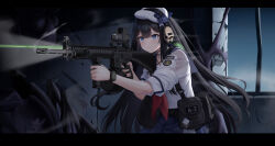 Rule 34 | 1girl, absurdres, allenes, bandaid, bandaid on arm, beret, black hair, blue eyes, blue sailor collar, blue skirt, closed mouth, commentary request, ear protection, flashlight, gun, hat, headset, highres, holding, holding gun, holding weapon, indoors, letterboxed, long hair, neckerchief, night, original, pleated skirt, red neckerchief, sailor collar, school uniform, serafuku, shirt, short sleeves, skirt, solo, v-shaped eyebrows, very long hair, weapon, weapon request, white hat, white shirt, window