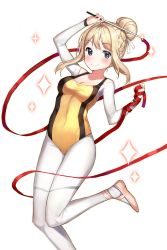 Rule 34 | 1girl, athletic leotard, ballet slippers, baton, blonde hair, blue eyes, blush, breasts, cleavage, dr poapo, highres, lemy, leotard, looking at viewer, red ribbon, ribbon, smile, soccer spirits, solo, standing, standing on one leg, transparent background