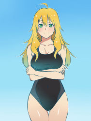 Rule 34 | 1girl, ahoge, bare shoulders, blonde hair, blue background, blush, breasts, cleavage, competition swimsuit, covered navel, gradient background, green eyes, highres, hoshii miki, idolmaster, idolmaster (classic), kagemusha, long hair, looking at viewer, one-piece swimsuit, smile, solo, standing, swimsuit, thigh gap