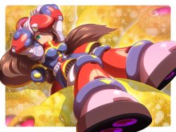 Rule 34 | 1girl, ;), android, arms up, belt, beret, blush stickers, border, breasts, brown hair, closed mouth, commentary request, dress, gloves, green eyes, hair over one eye, hand on headwear, hat, iris (mega man), long hair, low-tied long hair, medium breasts, mega man (series), mega man x4, mega man x (series), miru toraeru (mega man), napo, one eye closed, outside border, red headwear, sitting, smile, sparkle, very long hair, white border, white gloves
