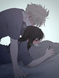 Rule 34 | 1boy, 1girl, bed sheet, black hair, blonde hair, blush, breasts, brown hair, closed eyes, cloud strife, commentary, couple, final fantasy, final fantasy vii, from side, gloves, grey shirt, hetero, highres, implied sex, long hair, lying, maiii (smaii i), pillow, pillow grab, profile, shirt, short hair, short sleeves, symbol-only commentary, tifa lockhart