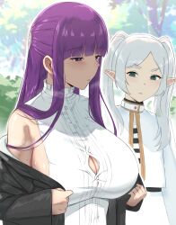 Rule 34 | 2girls, absurdres, bare shoulders, black coat, blunt bangs, blurry, blurry background, blush, breast envy, breasts, button gap, cleavage, coat, commentary, elf, english commentary, fern (sousou no frieren), frieren, frilled shirt collar, frills, glaring, green eyes, heavy breathing, highres, huge breasts, large breasts, long hair, long sleeves, looking at another, looking at breasts, looking to the side, micchan (micchanmeido), multiple girls, off shoulder, parted lips, pointy ears, purple eyes, purple hair, purple pupils, shirt, sideboob, sidelocks, sleeveless, sleeveless shirt, sleeves past wrists, sousou no frieren, sweat, tree, twintails, v-shaped eyebrows, white hair