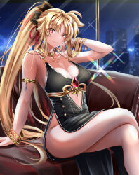 Rule 34 | 1girl, armlet, bare arms, bare legs, blonde hair, bracelet, breasts, cleavage, closed mouth, couch, crossed legs, fate testarossa, hair between eyes, hair ribbon, hand in own hair, highres, indoors, jewelry, large breasts, long hair, looking at viewer, lyrical nanoha, mahou shoujo lyrical nanoha, mahou shoujo lyrical nanoha strikers, night, no panties, ponytail, red eyes, red ribbon, ribbon, side slit, sideboob, sitting, smile, solo, sougetsu izuki, sparkle, very long hair
