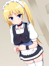 Rule 34 | 1girl, 7cm, blonde hair, blue eyes, blush, breasts, choker, highres, large breasts, legs, long hair, looking at viewer, maid, maid headdress, skirt, solo, standing, thighs, twintails, white legwear