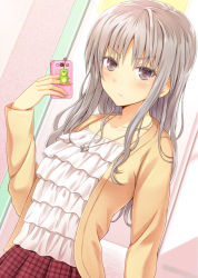 Rule 34 | &gt;:(, 1girl, blush, camera phone, cellphone, cellphone strap, collarbone, dutch angle, female focus, frown, grey eyes, hand up, holding, holding phone, jacket, jewelry, kanden sky, layered clothes, long hair, long sleeves, looking at viewer, necklace, original, phone, plaid, plaid skirt, pleated skirt, silver hair, skirt, solo, v-shaped eyebrows, wavy hair