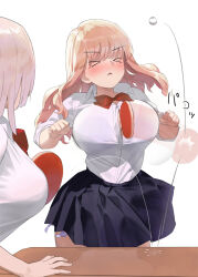 Rule 34 | &gt; &lt;, 2girls, between breasts, black skirt, blonde hair, blush, bow, bowtie, bra visible through clothes, breasts, button gap, closed eyes, collared shirt, commentary request, hair ornament, hairclip, kaisen chuui, large breasts, long sleeves, medium hair, multiple girls, original, paddle, parted lips, pleated skirt, red bow, red bowtie, school uniform, shirt, shirt tucked in, simple background, skirt, solo focus, table tennis paddle, tented shirt, white background, white shirt