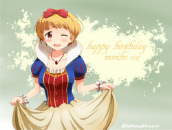 Rule 34 | 2017, blonde hair, bow hairband, breasts, collarbone, dress, fukuda noriko, hairband, happy birthday, hashimoto kurara, idolmaster, idolmaster million live!, jewelry, medium breasts, necklace, one eye closed, open mouth, pendant, red eyes, short hair, skirt hold, smile, snow white and the seven dwarfs, solo, twitter username, wrist cuffs