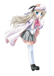 Rule 34 | 1girl, :d, black footwear, blue eyes, cape, capelet, dress shirt, floating hair, from side, full body, grey skirt, hat, hat ribbon, highres, kud wafter, little busters!, long hair, looking at viewer, miniskirt, na-ga, noumi kudryavka, official art, open mouth, pink neckwear, plaid, plaid skirt, pleated skirt, purple ribbon, ribbon, school uniform, shirt, silver hair, simple background, skirt, smile, solo, thighhighs, very long hair, white background, white cape, white capelet, white hat, white ribbon, white shirt, white thighhighs, zettai ryouiki