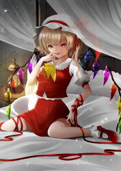 Rule 34 | 1girl, arm ribbon, ascot, bed, bedroom, blonde hair, bobby socks, breasts, buttons, collarbone, collared shirt, crystal, finger to mouth, flandre scarlet, full body, hat, hat ribbon, highres, indoors, leg ribbon, mary janes, medium hair, mob cap, multicolored wings, nail polish, on bed, one side up, puffy short sleeves, puffy sleeves, red eyes, red footwear, red nails, red ribbon, red skirt, red vest, ribbon, shirt, shoes, short sleeves, skirt, small breasts, socks, solo, sora music, thigh ribbon, tongue, tongue out, touhou, vest, white hat, white shirt, white socks, wings, yellow ascot