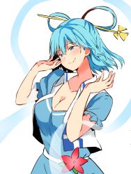 Rule 34 | 1girl, blue dress, blue eyes, blue hair, blush, breasts, cleavage, dress, hagoromo, hair between eyes, hair ornament, hair rings, hair stick, hands up, highres, kaku seiga, looking to the side, nagomian, one-hour drawing challenge, shawl, short hair, simple background, smile, solo, touhou, white background