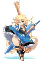 Rule 34 | 1girl, blonde hair, blue dress, blue eyes, charlotta (granblue fantasy), closed mouth, crown, dress, granblue fantasy, hair between eyes, hair ornament, highres, karukan (monjya), long hair, looking at viewer, no panties, simple background, smile, solo, standing, thick thighs, thighs, very long hair, white background