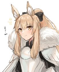Rule 34 | 1girl, absurdres, animal ear fluff, animal ears, arknights, armor, black bow, blemishine (arknights), blonde hair, bow, character name, commentary, hair bow, highres, horn/wood, horse ears, light blush, long hair, looking at viewer, notice lines, ponytail, shirt, sidelocks, simple background, sketch, solo, translated, upper body, very long hair, white background, white shirt, yellow eyes
