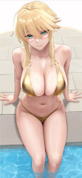 Rule 34 | 1girl, ahoge, arm support, artoria pendragon (fate), artoria pendragon (lancer) (fate), bare shoulders, bikini, blonde hair, blush, breasts, cleavage, closed mouth, collarbone, eyebrows hidden by hair, fate/grand order, fate (series), from above, gold bikini, green eyes, hair between eyes, halterneck, highleg, highleg bikini, highres, large breasts, long hair, looking at viewer, navel, partially submerged, pool, poolside, sidelocks, sitting, smile, soaking feet, solo, swept bangs, swimsuit, thighs, tile floor, tiles, water, yamaneko (tkdrumsco)
