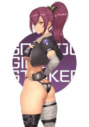 Rule 34 | 1girl, ass, bandaged leg, breasts, butt crack, copyright name, cropped jacket, fingerless gloves, gloves, hair between eyes, hands on own hips, highres, ibuki imina, jacket, large breasts, leotard, long hair, looking at viewer, looking back, open clothes, open jacket, ponytail, purple hair, school girl strikers, shigatsugata, skindentation, smile, solo, thigh strap, yellow eyes