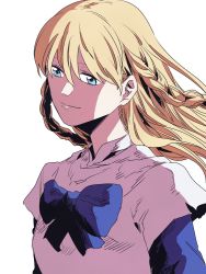 Rule 34 | 1girl, blonde hair, blue bow, blue eyes, blue sleeves, bow, braid, floating hair, highres, hwan daeng, long hair, looking to the side, shirt, simple background, smile, solo, tales weaver, tichiel juspian, twin braids, upper body, white background, white shirt