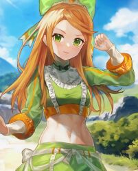Rule 34 | 1girl, abs, absurdres, blue sky, bow, cloud, commentary request, crop top, day, etie (fire emblem), fire emblem, fire emblem engage, green bow, green eyes, green shirt, green skirt, hair bow, hand up, highres, jurge, long hair, long sleeves, looking at viewer, midriff, navel, nintendo, orange hair, shirt, skirt, sky, smile, solo, stomach, toned, toned female, upper body, very long hair