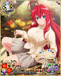 Rule 34 | 1girl, ahoge, blue eyes, breasts, card (medium), chess piece, hair between eyes, hat, high school dxd, high school dxd pi, king (chess), large breasts, long hair, long sleeves, looking at viewer, official art, paint, paintbrush, painting (object), palette (object), red hair, rias gremory, sitting, skirt, smile, solo, very long hair