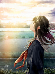 Rule 34 | 1girl, arms at sides, artist name, black hair, black serafuku, black shirt, brown footwear, cityscape, closed mouth, cloud, cloudy sky, cowboy shot, crying, crying with eyes open, day, from side, highres, kazuharu kina, long hair, long sleeves, looking away, looking up, neckerchief, original, outdoors, playground, profile, rain, red neckerchief, river, sailor collar, school uniform, serafuku, shirt, sidelocks, signature, sky, smile, solo, sunlight, tareme, tears, white sailor collar