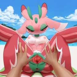 Rule 34 | 1girl, 1other, antennae, anus, arthropod girl, ass, bare shoulders, beach, black eyes, blush, breasts, clitoris, cloud, colored sclera, creatures (company), dark skin, furry, game freak, gen 7 pokemon, half-closed eyes, highres, legs up, looking at viewer, lurantis, manene, medium breasts, mountain, nintendo, nipples, no mouth, outdoors, pinstripe pattern, plant, pokemon, pokemon (creature), pokemon sm, pov, pussy, pussy juice, red sclera, sitting, sky, spread legs, spread pussy, striped, sweat, tree, uncensored, urethra, water