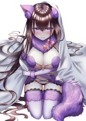 Rule 34 | 1girl, absurdres, animal ears, bare shoulders, blanket, blush, bow, breasts, brown hair, cleavage, closed mouth, cosplay, elbow gloves, fate/grand order, fate (series), fur-trimmed gloves, fur-trimmed legwear, fur collar, fur trim, gloves, halloween costume, highres, lace, lace-trimmed legwear, lace trim, large breasts, long hair, looking at viewer, mash kyrielight, mash kyrielight (dangerous beast), mash kyrielight (dangerous beast) (cosplay), murasaki shikibu (fate), o-ring, official alternate costume, pink bow, purple eyes, purple gloves, purple thighhighs, revealing clothes, seiza, simple background, sitting, solo, tail, tearing up, thighhighs, tobi (pixiv41237754), very long hair, white background, wolf ears, wolf girl, wolf tail