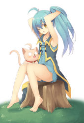 Rule 34 | 1girl, ;o, adjusting hair, ahoge, alternate hairstyle, animal, animal on lap, armpits, arms up, bare arms, bare legs, bare shoulders, barefoot, bell, blue dress, blue hair, blue ribbon, cat, collar, collarbone, commentary request, dress, facial scar, flat chest, full body, grass, hair between eyes, hair tie, hand in own hair, high ponytail, highres, jingle bell, long hair, looking at viewer, looking to the side, mahcdai, neck bell, o o, on lap, one eye closed, original, outdoors, planol note, ponytail, ribbon, scar, scar on cheek, scar on face, short dress, sideways glance, sitting, sleeveless, sleeveless dress, sleeveless jacket, toenails, tree stump, white background, yellow eyes