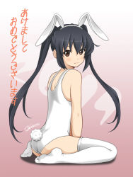 Rule 34 | 1girl, :3, akeome, animal ears, ann yosh, ass, black hair, blush, brown eyes, face, fake animal ears, feet, happy new year, highres, k-on!, kneeling, leotard, long hair, looking back, nakano azusa, new year, one-piece swimsuit, playboy bunny, playboy bunny swimsuit, rabbit ears, sitting, solo, swimsuit, thighhighs, twintails, white thighhighs